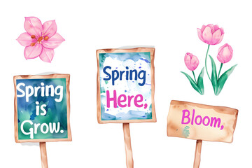 Spring Garden Signs: Watercolor Inspirational Plant Markers Collection  - Isolated on White Transparent Background 

