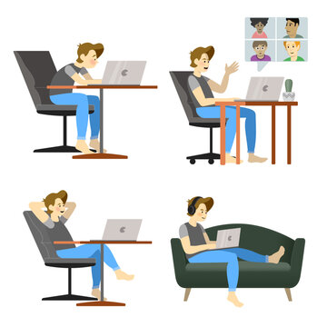 Several images of a man sitting at a desk or sofa, working hard, video calling, relaxing, concentrating, listening to music and talking to others