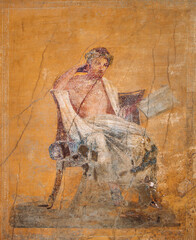 Pompeii, Italy. Ancient Frescoes In Wall Of Old Building.