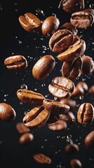 Obraz premium Banner flying coffee beans on a dark background. Design for cafeteria, coffee shops