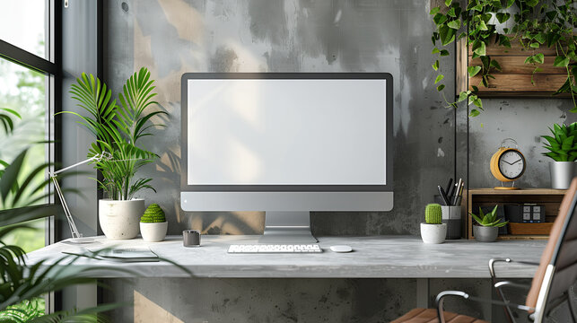 In a minimalist interior of a office room with plants, a desktop computer takes center stage. 