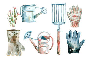 Gardener's Essentials: Watercolor Tools and Gloves Collection - Isolated on White Transparent Background 

 - obrazy, fototapety, plakaty
