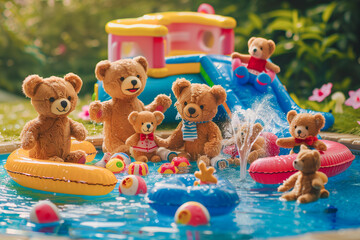 A family of happy bears has a pool party, generative ai