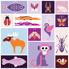 Vector collage of images of various animals, birds and fish. Each one of the design element created on a separate layer and can be used as a standalone image, icon or logo.