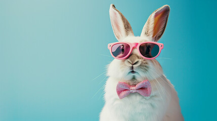 Easter day, white rabbit, Easter bunny, Adorable Bunny With Easter Eggs, Easter bunny and Easter eggs on green grass field spring, Cool bunny with sunglasses on colorful background, Ai generated - Powered by Adobe