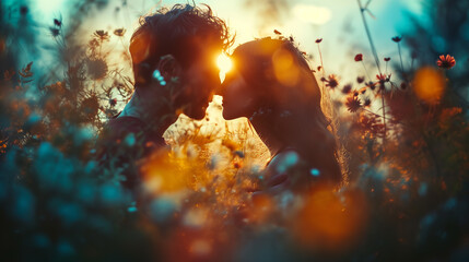 couple of lovers in the meadow at sunset - obrazy, fototapety, plakaty