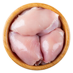 Fresh raw chicken breast fillet in wooden bowl isolated on white background. Top view.