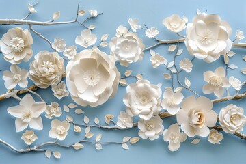 Fototapeta na wymiar a white paper flowers on a blue background