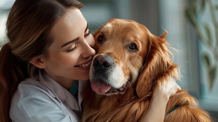 a cheerful vet in uniform embracing a delighted golden retriever in a clinical setting, both beaming at the camera with pure joy.