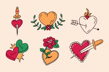 Fotobehang valentines flash tatto with hearts. old school tattoo funny stickers © Chaka_32
