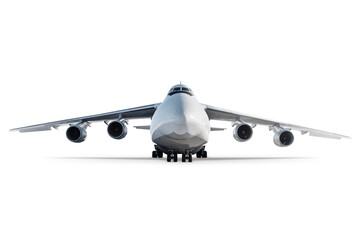 Front view of the white wide body transport cargo airplane isolated
