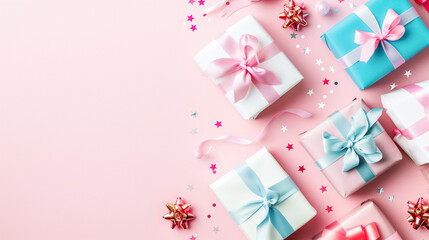 Pink gift boxes adorned with golden and pink ornaments, ribbons, and confetti on a soft pink background. Copy space in the centre. Ideal for celebrations like birthdays or Valentine&rsquo;s Day.