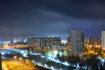 Fototapeta na wymiar Autumn cityscape with fog in Zelenograd in Moscow, Russia