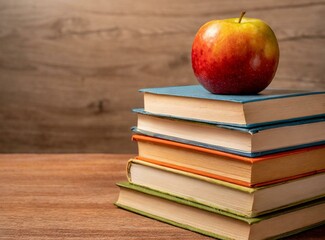 Books stack with apple on it, isolated on wooden desk