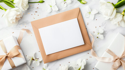 Blank greeting card surrounded by elegant white flowers, two beautifully wrapped gift boxes, on a marble surface, ideal for weddings or special occasions.
