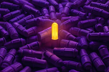 a yellow light in a group of purple objects - obrazy, fototapety, plakaty
