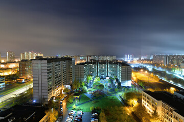 Autumn cityscape with fog in Zelenograd in Moscow, Russia