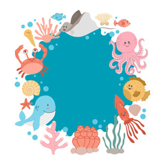 Round blue frame with different sea animals on a white background. Vector illustration