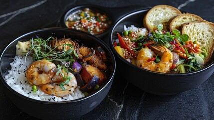 a black bowl filled with headless shrimps and vibrant vegetables next to another black bowl holding fluffy white rice, with bread portions arranged artistically in the frame.