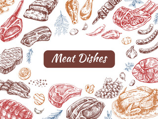 Meat and vegetables menu template in engraved vintage style. Hand-drawn colored, sketches of barbecue meat pieces with herbs and seasonings. Background for meat restaurant.