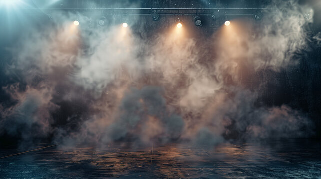 Spotlights cast their beams onto an empty stage against a dark background, Empty stage with spotlights and smoke banner background, Theater stage with floodlights and smoke. Mockup Ai