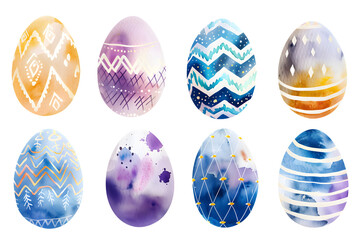 Watercolor Easter Egg Collection: Modern Patterns and Spring Colors - Isolated on White Transparent Background 

