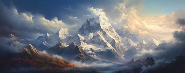 Nature's ethereal canvas, a mountain summit veiled in clouds, offering a panoramic view of the wild and untamed landscape adorned with a blanket of snow - obrazy, fototapety, plakaty