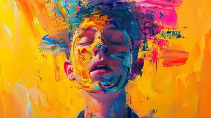 little boy in with face full of vibrant colors and closing eyes and opened mouth, little boy enjoying his painting. Education - AI Generated