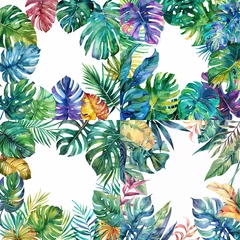 Foto op Plexiglas Watercolor frame made of unusual colorful tropical leaves. Jungle concept for design of invitations, greeting cards and wallpapers. © Таня Алешевич