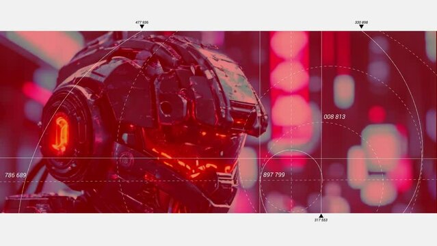 Combat robot in military metal armor. Futuristic cyborg security guard. Technology, robotics, artificial intelligence and future concept.