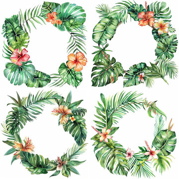 Watercolor frame made of unusual colorful tropical leaves. Jungle concept for design of invitations, greeting cards and wallpapers.