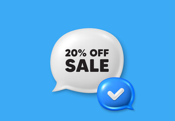 Sale 20 percent off discount. Text box speech bubble 3d icons. Promotion price offer sign. Retail badge symbol. Sale chat offer. Speech bubble banner. Text box balloon. Vector