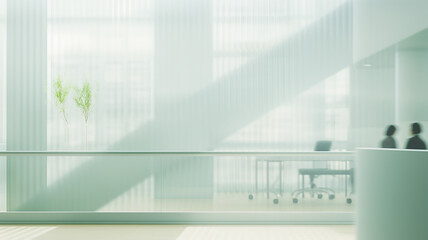 light blurred green background eco business center, office building inside interior, silhouettes of people blurred in motion - obrazy, fototapety, plakaty