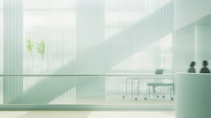 Foto op Canvas light blurred green background eco business center, office building inside interior, silhouettes of people blurred in motion © kichigin19