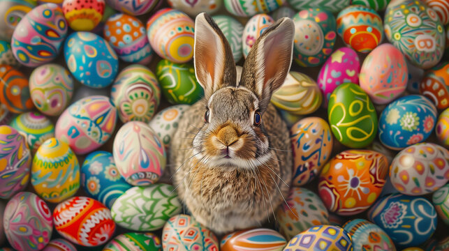 Easter day, Happy Easter Bunny with many colorful easter eggs, Easter wallpaper with easter eggs in a basket ai generated image, Easter poster and banner template with Easter eggs, Ai generated image