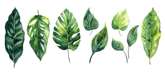 A watercolor vector illustration set featuring tropical leaves, exotic plants, palm leaves, and monstera isolated on a white background. - obrazy, fototapety, plakaty