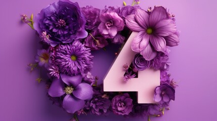 number 4 and flowers on a purple background. birthday invitation card. spring and holiday.