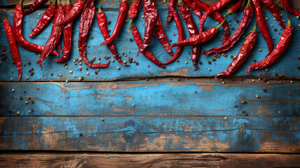 Bunch of red peppers hanging on wooden blue table with copy space