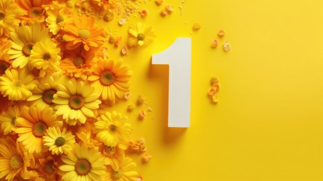 number 1 and white flowers on a yellow background. birthday invitation card. spring and holiday.