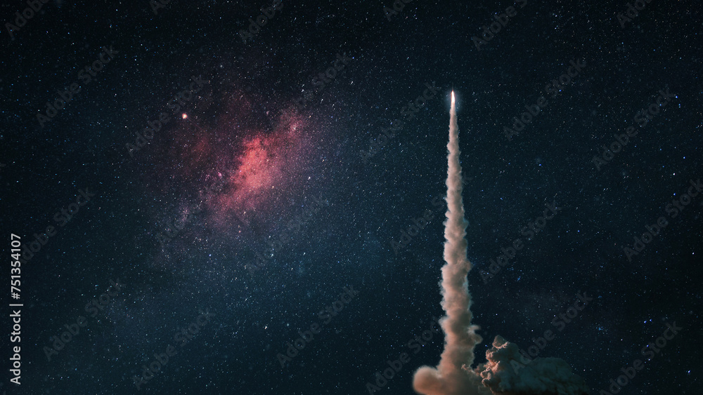 Poster space rocket launch into the starry sky. space shuttle with blast and blast lift off into space on a