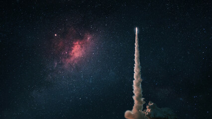 Space rocket launch into the starry sky. Space shuttle with blast and blast lift off into space on...