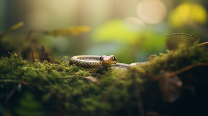 Close up of beautiful wild snake in forest with moss and leaves. Macro photography view with blured background. Ecological balance .