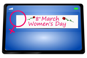 Tablet computer with International Women's Day Banner - 8 March - 3D illustration - 751354390