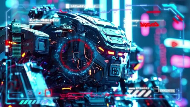 Combat robot in military metal armor. Futuristic cyborg security guard. Technology, robotics, artificial intelligence and future concept.