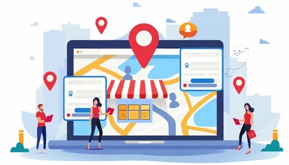 Local SEO Optimization for Businesses, local SEO optimization for businesses with an image showing marketers optimizing Google My Business listings, AI - obrazy, fototapety, plakaty