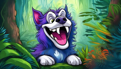 wide colourful illustration drawing with funny cartoon dog character looking with cute playful smile face in green jungle background