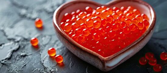 A heart shaped bowl is filled with vibrant red jelly resembling fish eggs, creating a visually striking display that is both sweet and eye-catching.