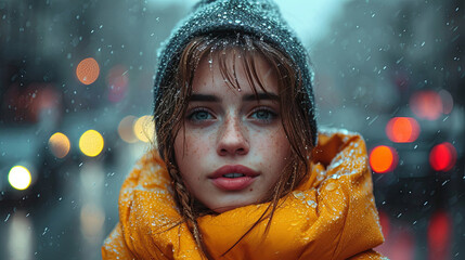 Young Woman Waiting in the Rain Wearing Warm Clothing