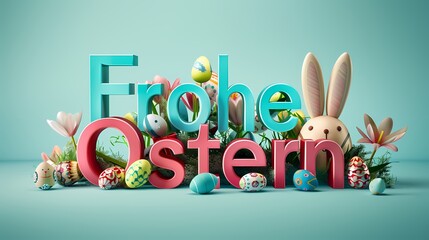Frohe Ostern als Text mit Osterhase und farbigen Eiern.