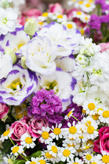 Floral background of various colorful flowers, vivid bright blossoms of flowers, flowers close up   
